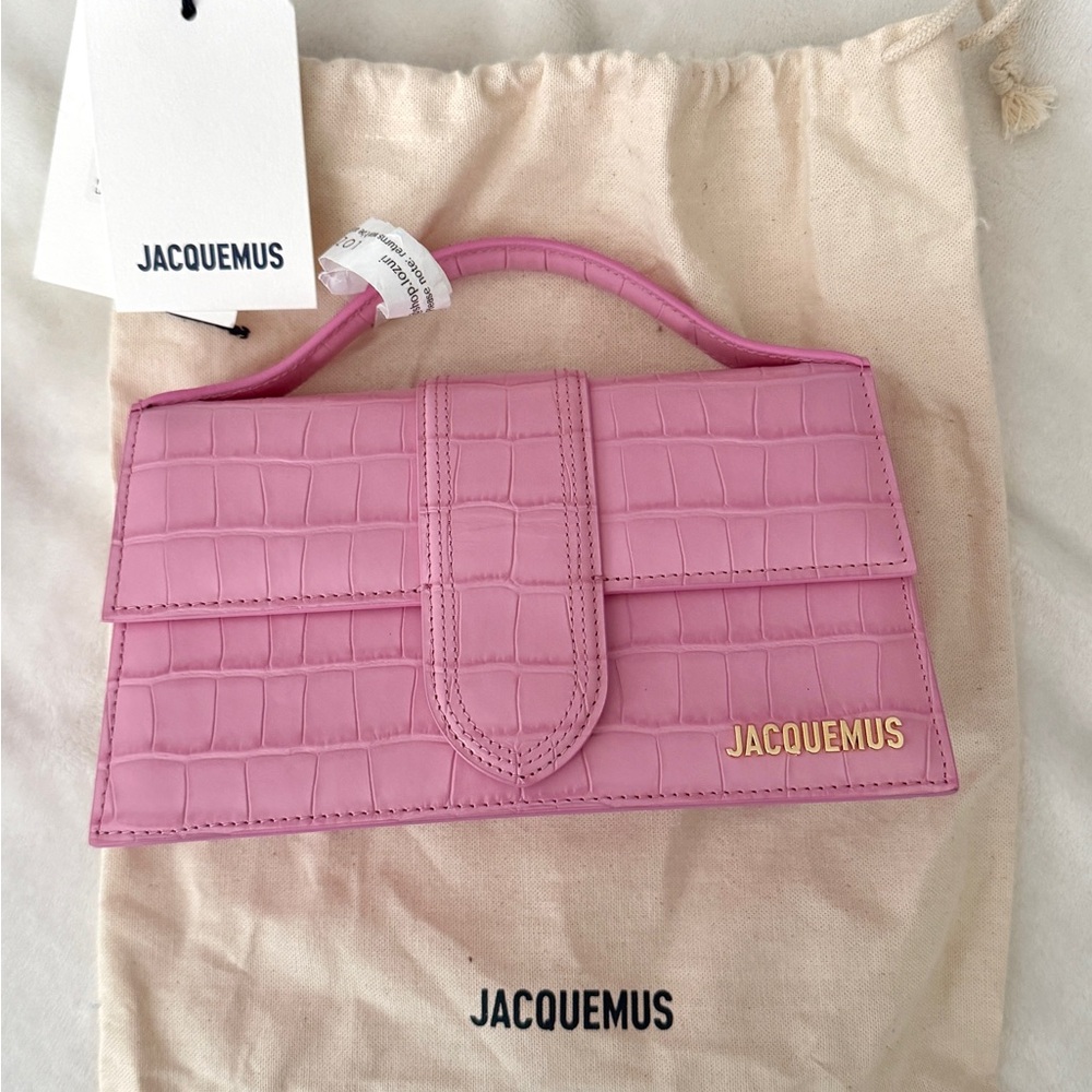 Jacquemus Le Grand Bambino Flap Bag Crocodile Pink Embossed Leather NEW